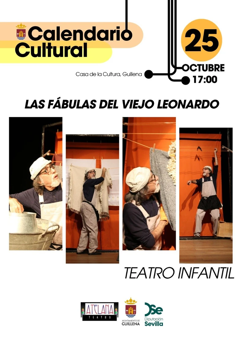 Poster for the children's play Las fábulas del viejo Leonardo, 25 October